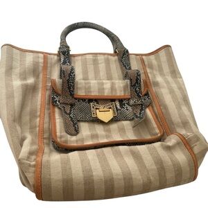 Treesje Beige Stripe Canvas Snakeskin Print Handbag Satchel Purse